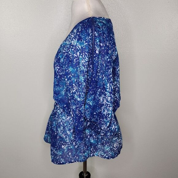 a.n.a Blue Tropical Print Chiffon Semi Sheer Kimono Sleeve Blouse Size XL - Picture 11 of 13